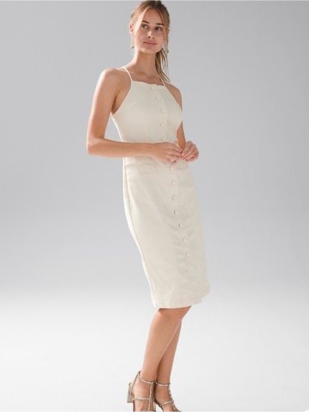 White House Black Market Cream Denim Button-Front Midi Sheath Dress, NWT, Size 6